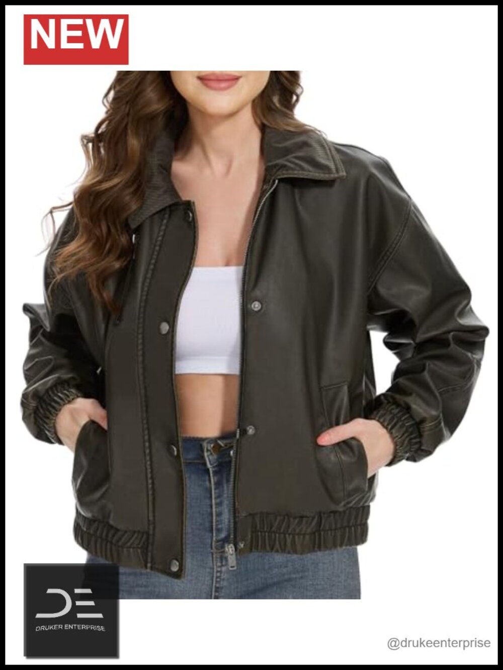 Faux Leather Moto Biker Jacket Corduroy Collar Oversized